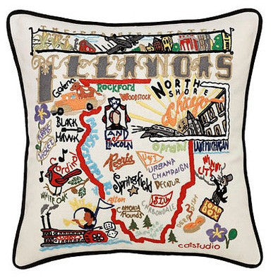 State of Illinois Hand-Embroidered Pillow