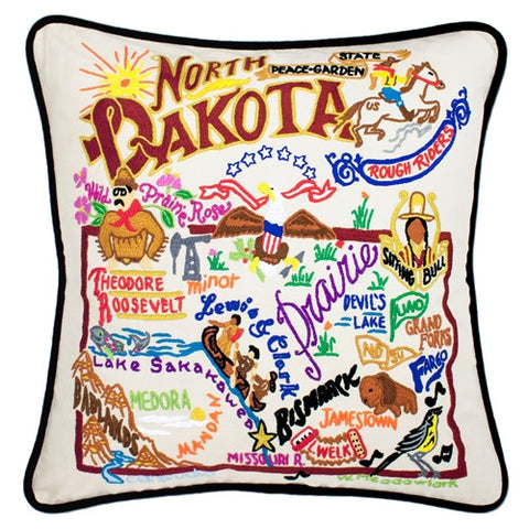 State of North Dakota Hand-Embroidered Pillow