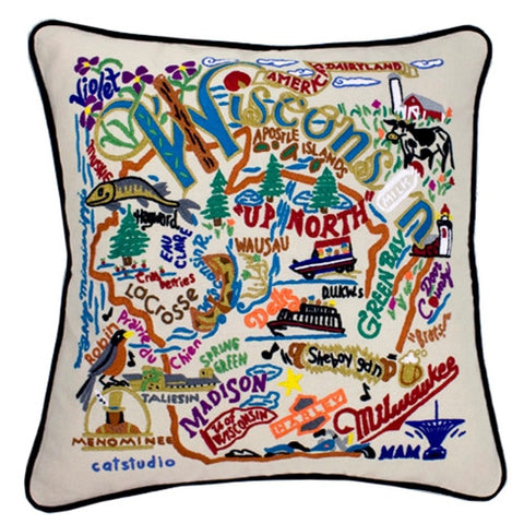 State of Wisconsin Hand-Embroidered Pillow