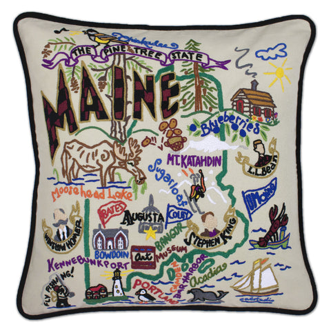 State of Maine Hand-Embroidered Pillow