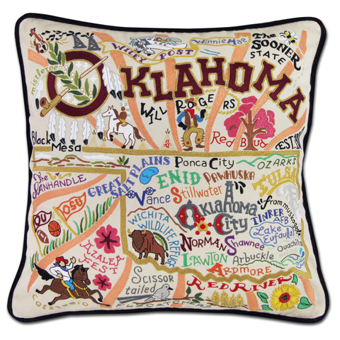 State of Oklahoma Hand-Embroidered Pillow